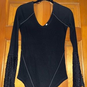NEW Free People Black Juliet Lace Up Cuff Thermal Top Shirt S